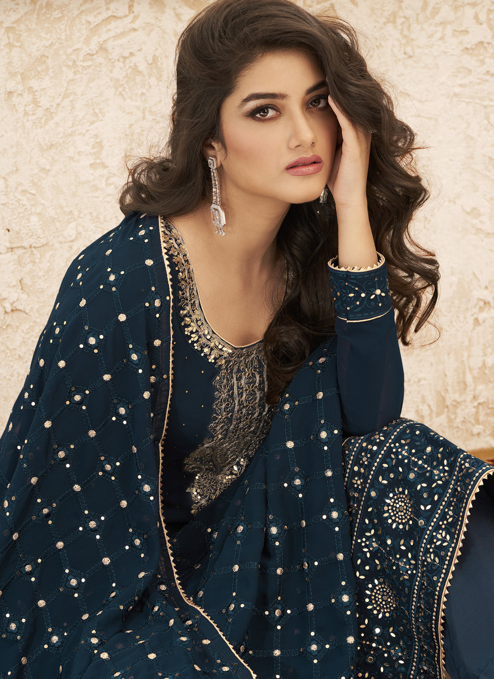 Blue Faux Georgette Embroidered Palazzo Salwar Suit