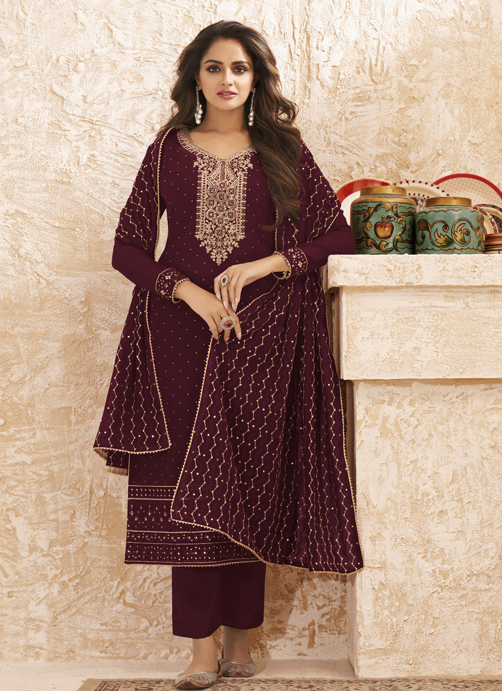 Wine Embroidered Palazzo Straight Salwar Suit