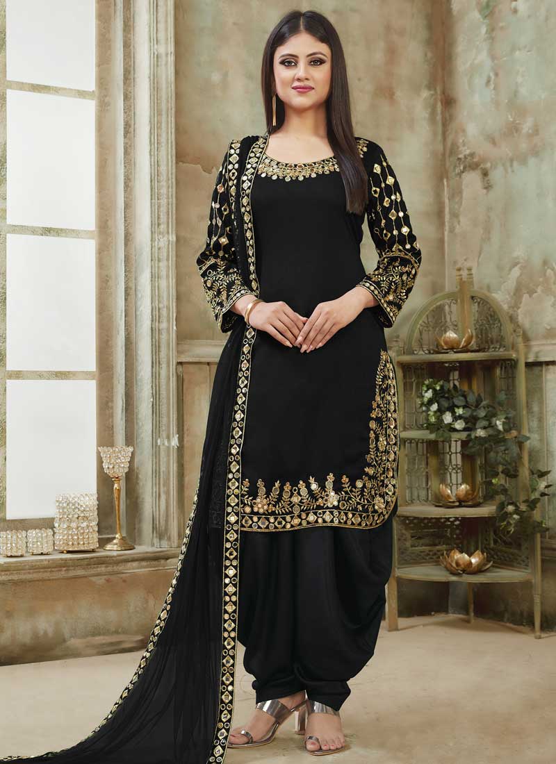 Black Art Silk Resham Designer Patiala Suit