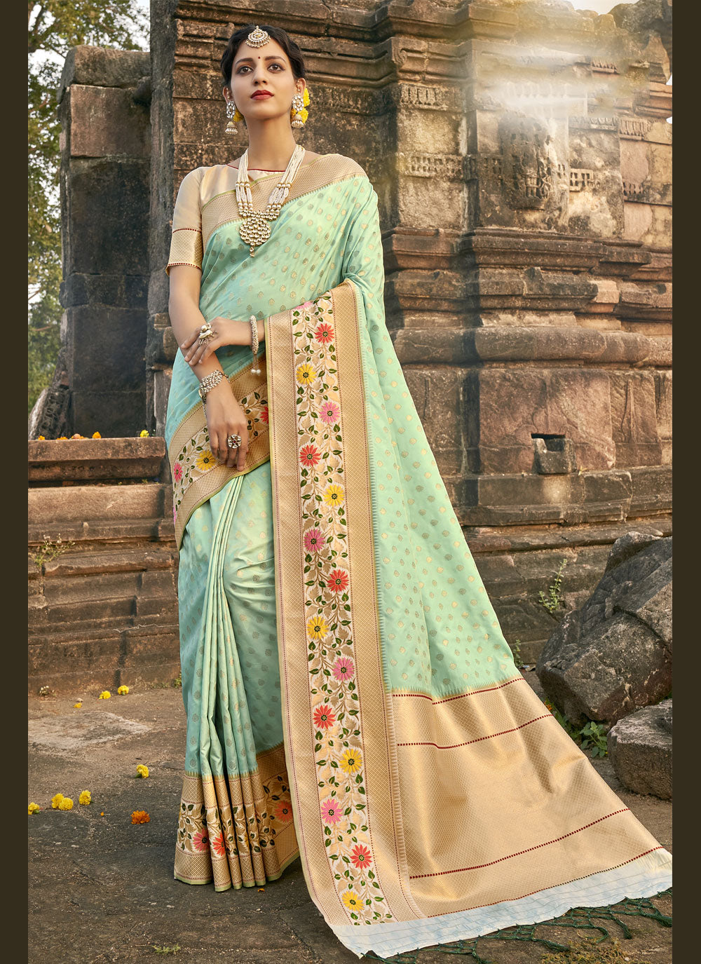Aqua Blue Banarasi Silk Designer Traditional Saree