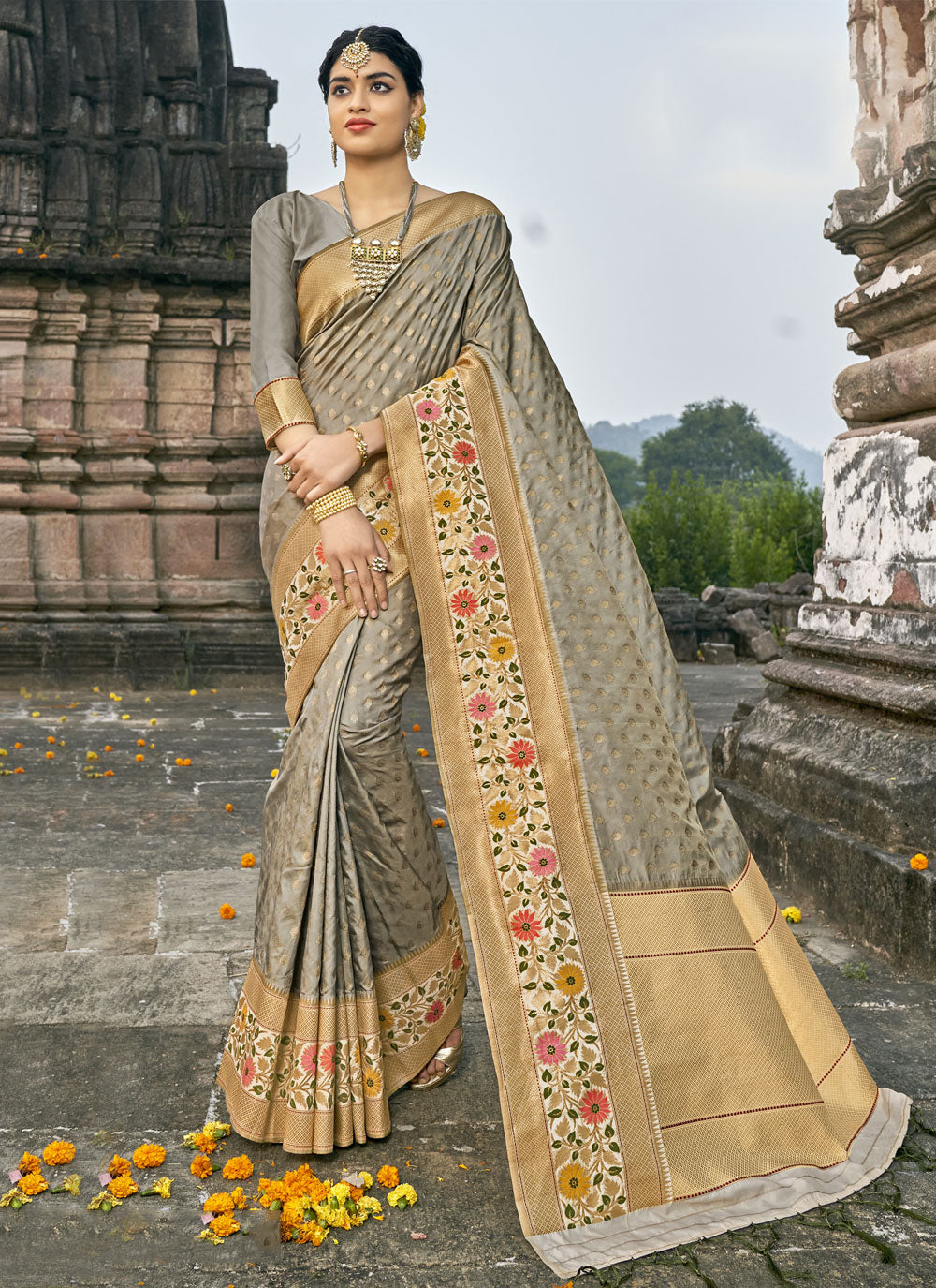 Grey Banarasi Silk Traditional Designer Saree