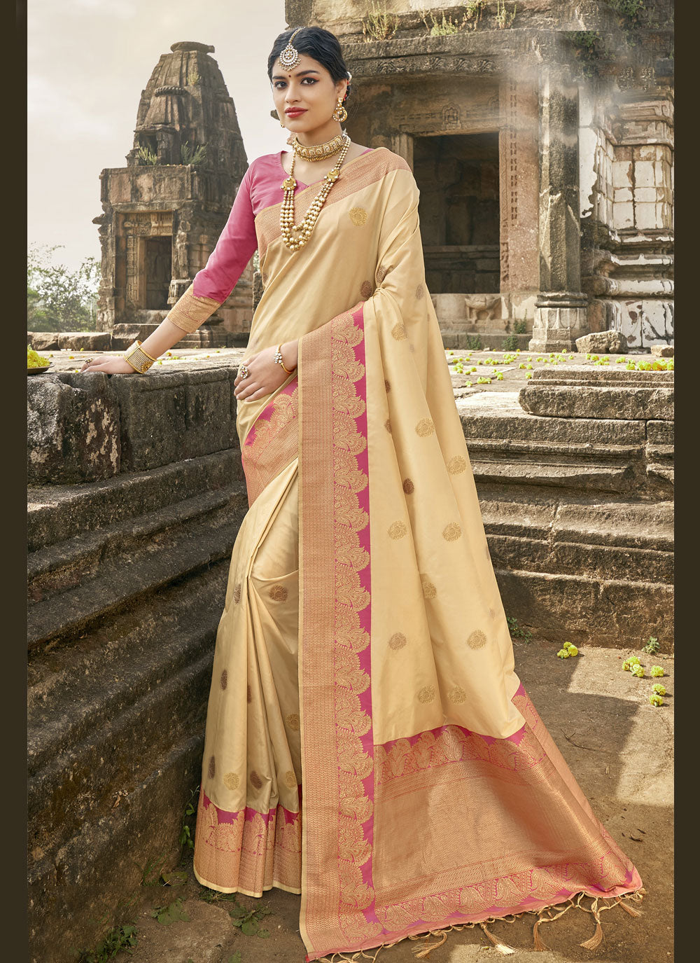 Cream Banarasi Silk Fancy Traditional Designer Saree