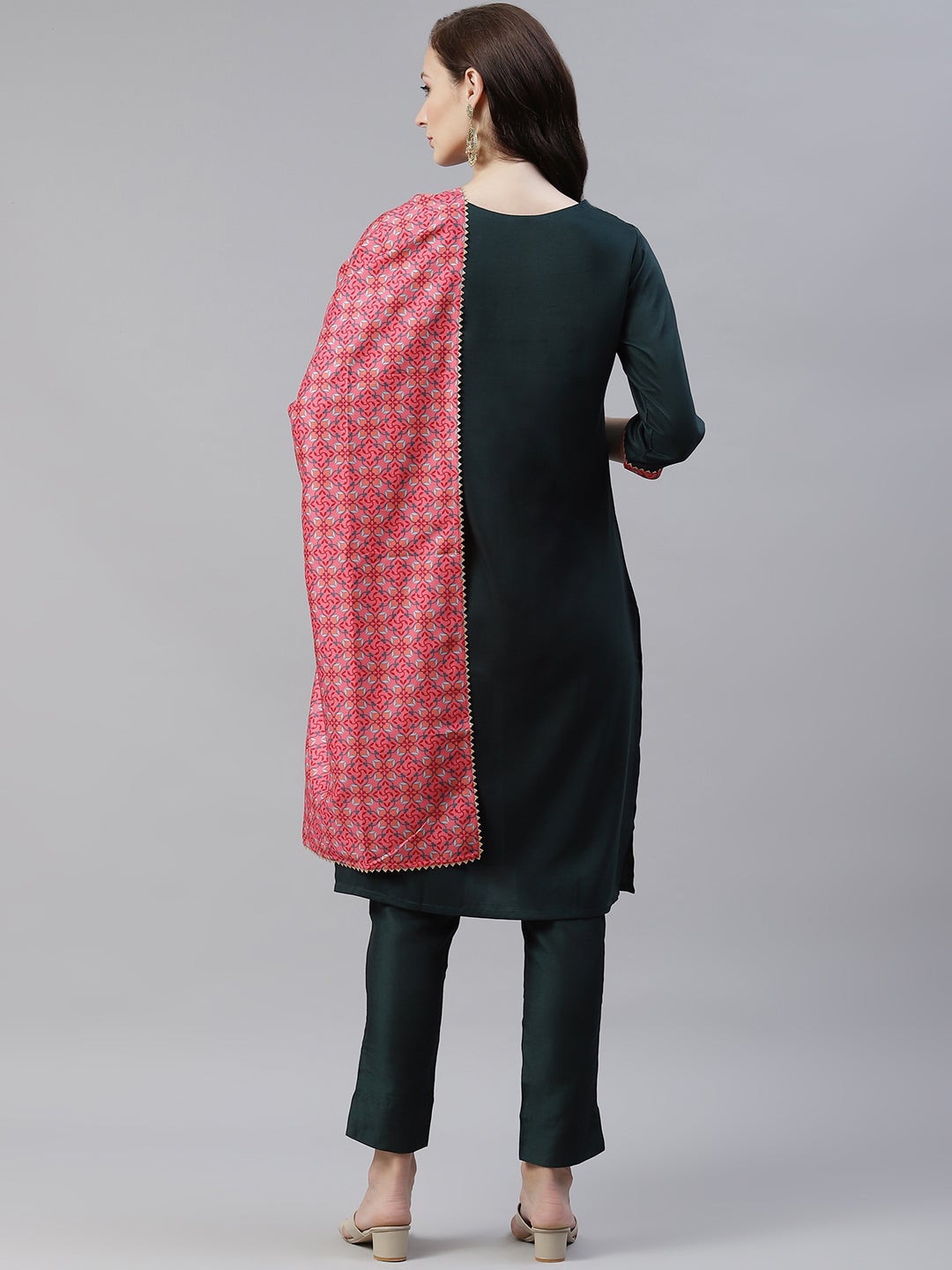 Mindhal Women's Dark Green Color Dyed Straight Kurta,Pant And Dupatta Set