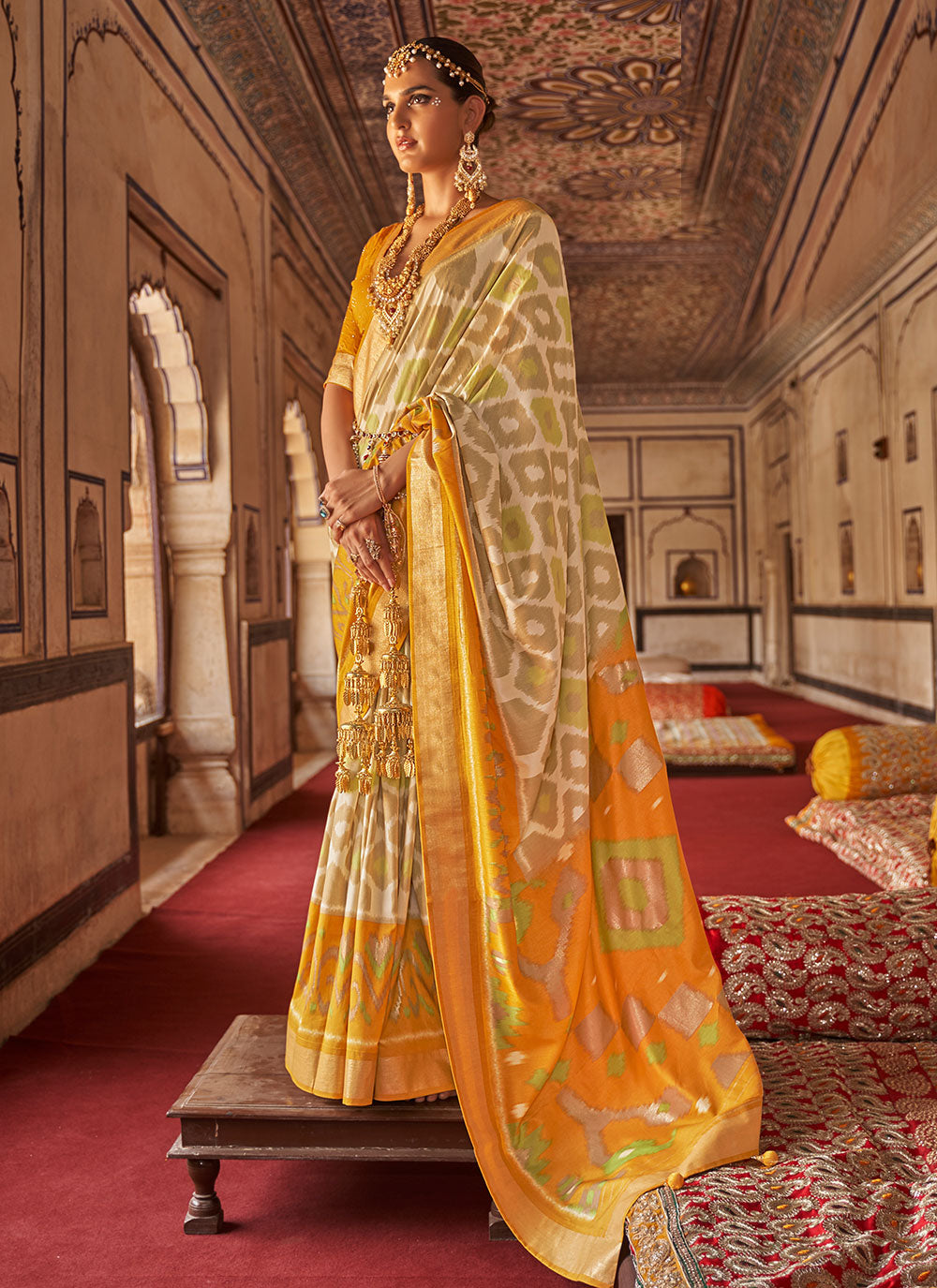 Patola Silk Traditional Saree In Off White