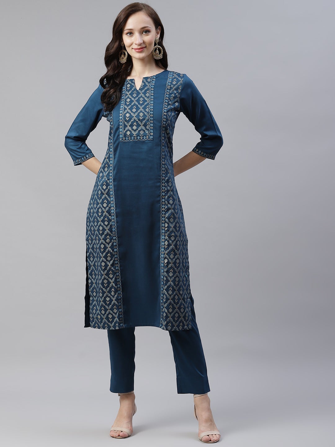 Mindhal Women's Teal Color Foil Printed Straight Kurta And Pant Set