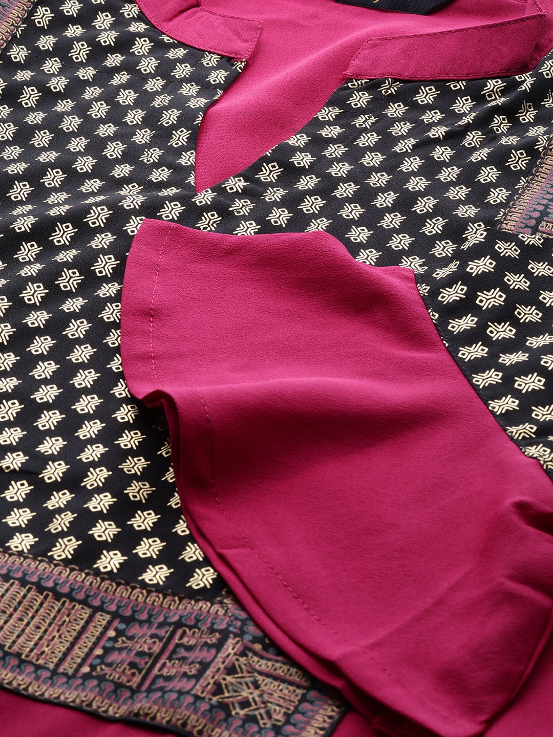 Mindhal Women's Hot Pink Colour Foil Print Straight Crepe Kurta With Pant / Kurta Set