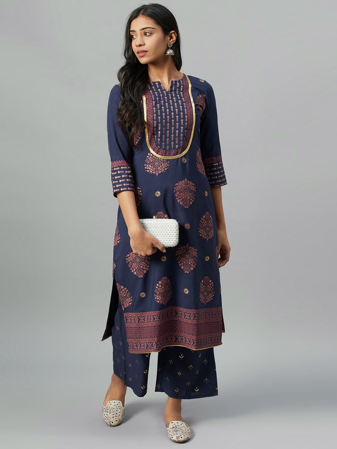 Mindhal Women's Navy Blue Crepe Foil Printed Straight Kurta With Palazzo Set