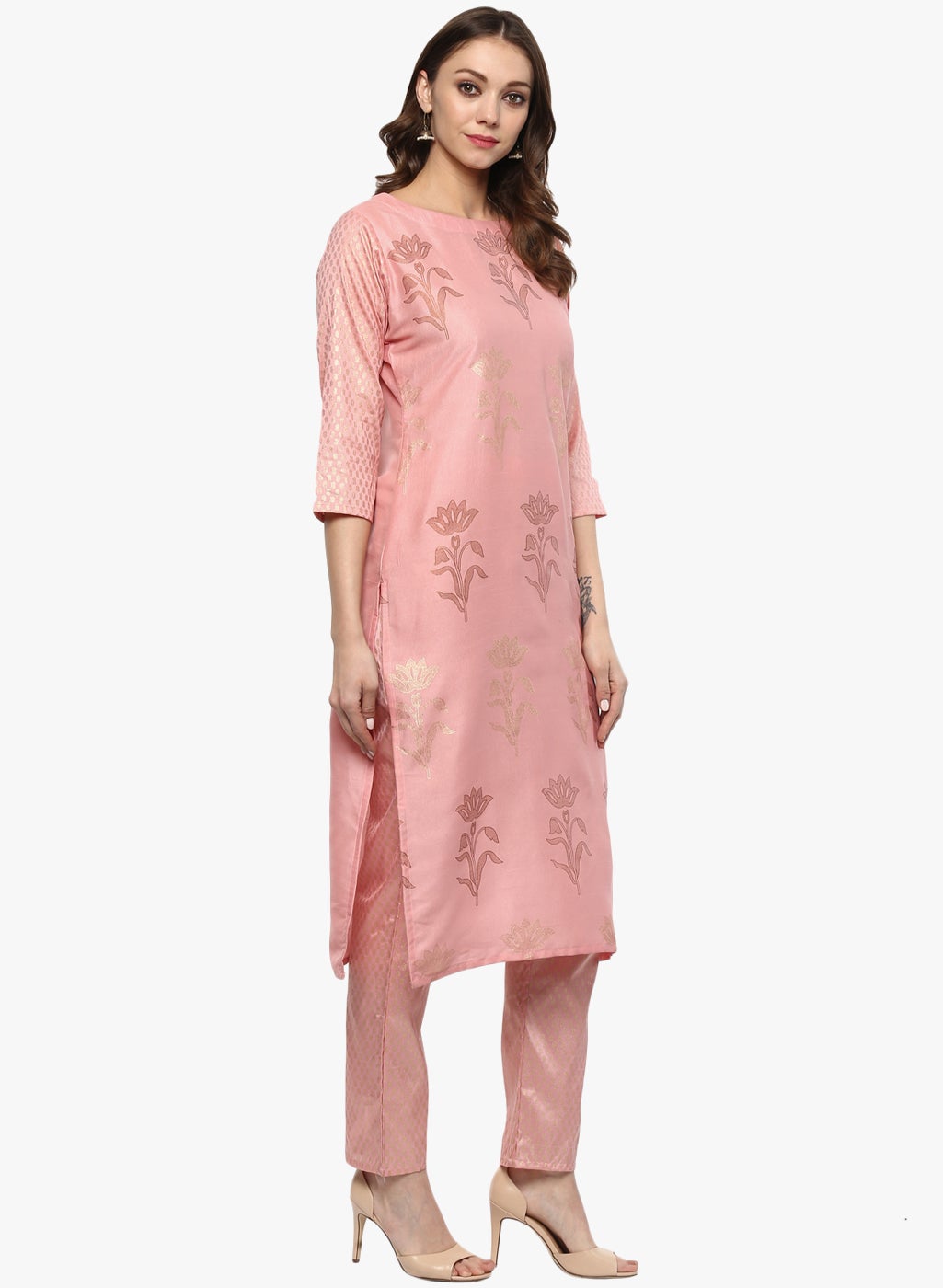 Mindhal Women's Pink Colour Straight polysilk Gold Foil Print Kurta & Pant Set