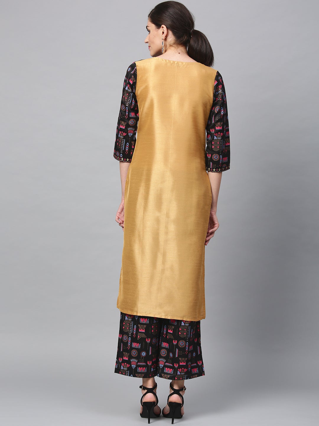 Mindhal Women's Cream Colour Foli Print Straight Polysilk Kurta With Pant / Salwar Suit Set