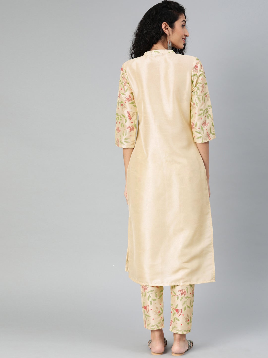 Mindhal Women's Cream Colour Solid Straight Polysilk Kurta With Pant / Salwar Suit Set