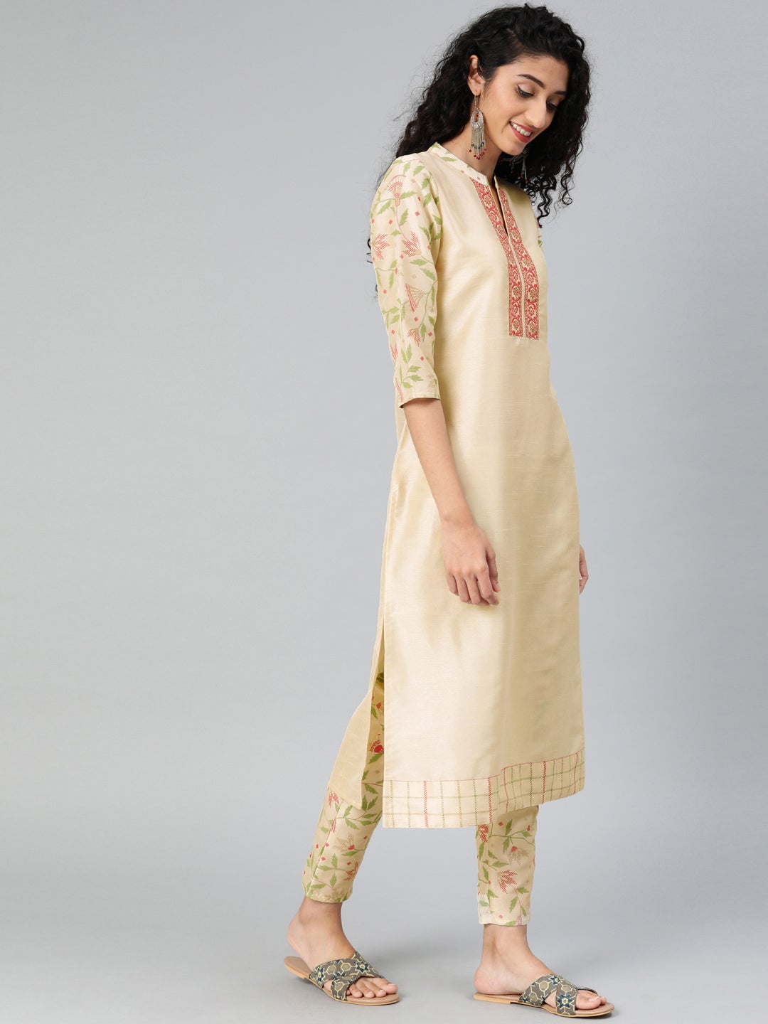 Mindhal Women's Cream Colour Solid Straight Polysilk Kurta With Pant / Salwar Suit Set