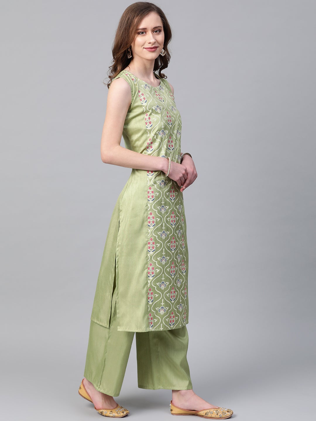 Mindhal Women's Green Colour Khadi Print Straight Polysilk Kurta With Palazzo / Salwar Suit Set