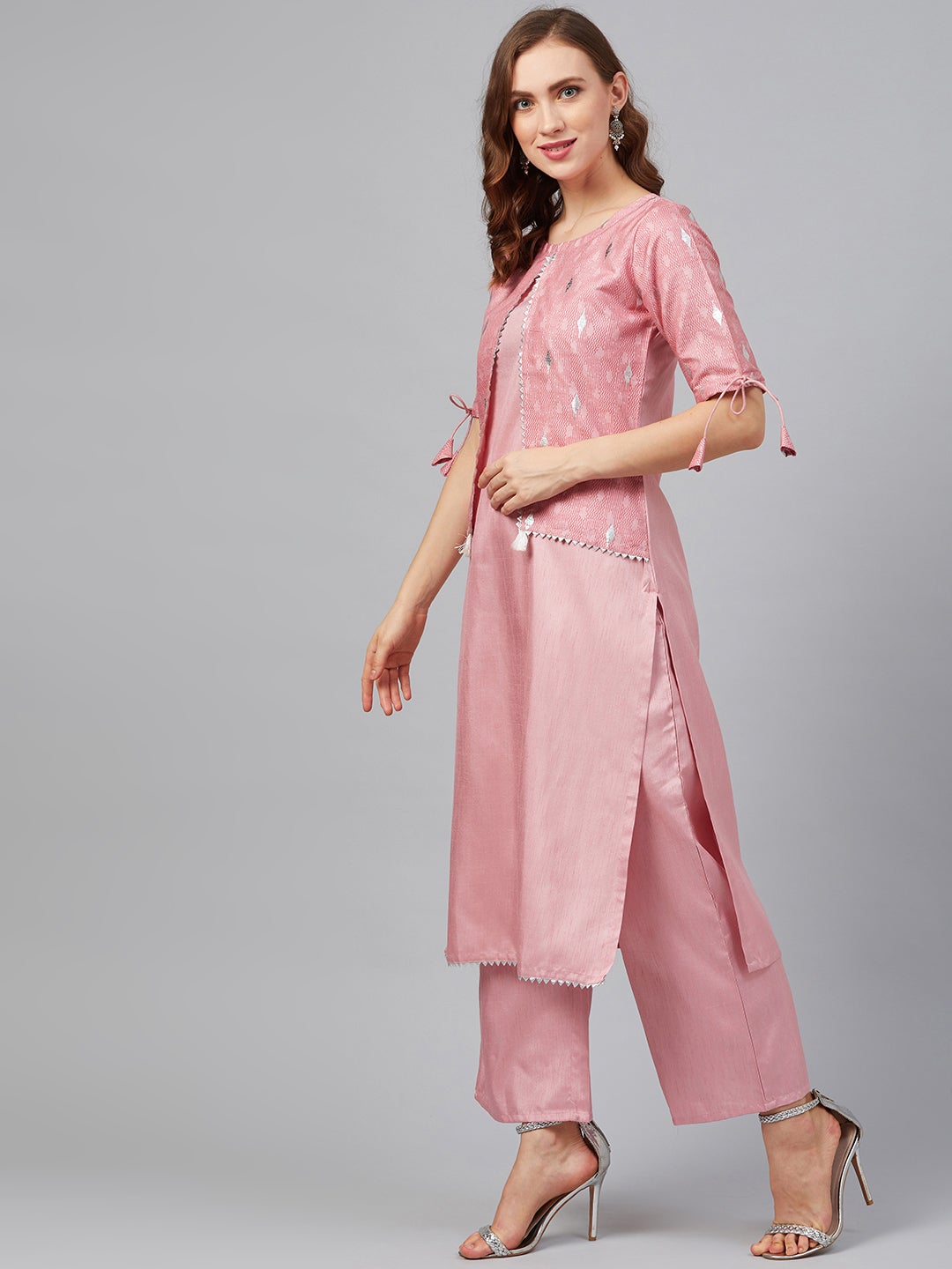 Mindhal Women's Pink Poly Silk Khadi Straight Kurta With Palazzo Set