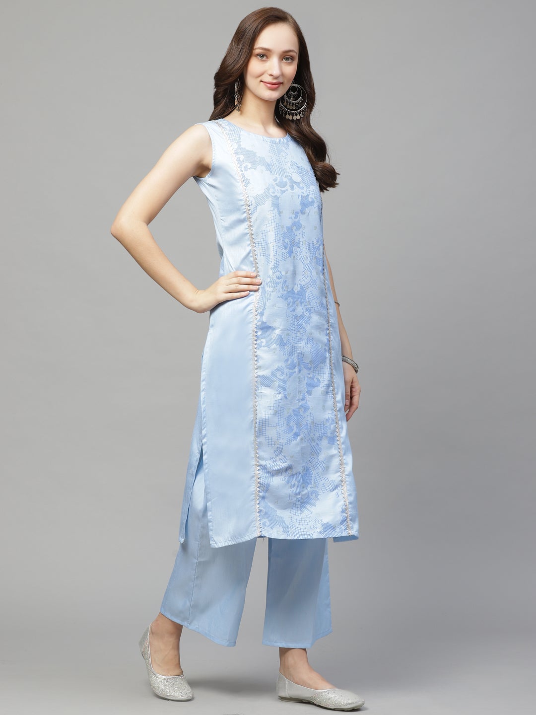 Mindhal Women's Sky Blue Poly Silk Khadi Straight Kurta With Palazzo Set