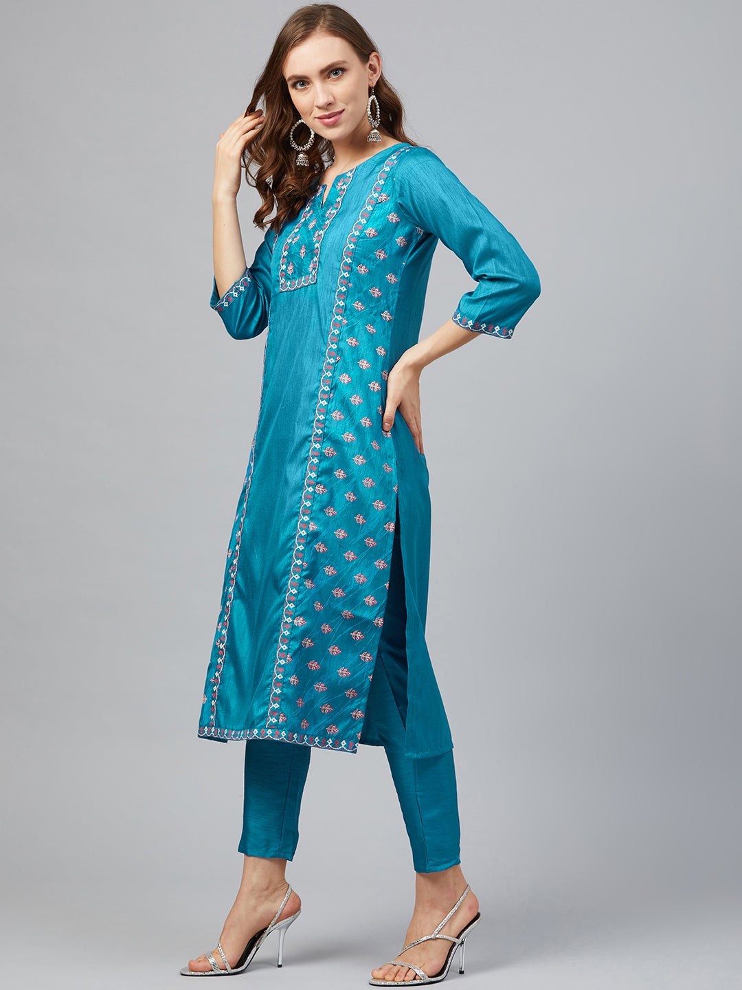 Mindhal Women's Blue Colour Straight Art Silk Kurta