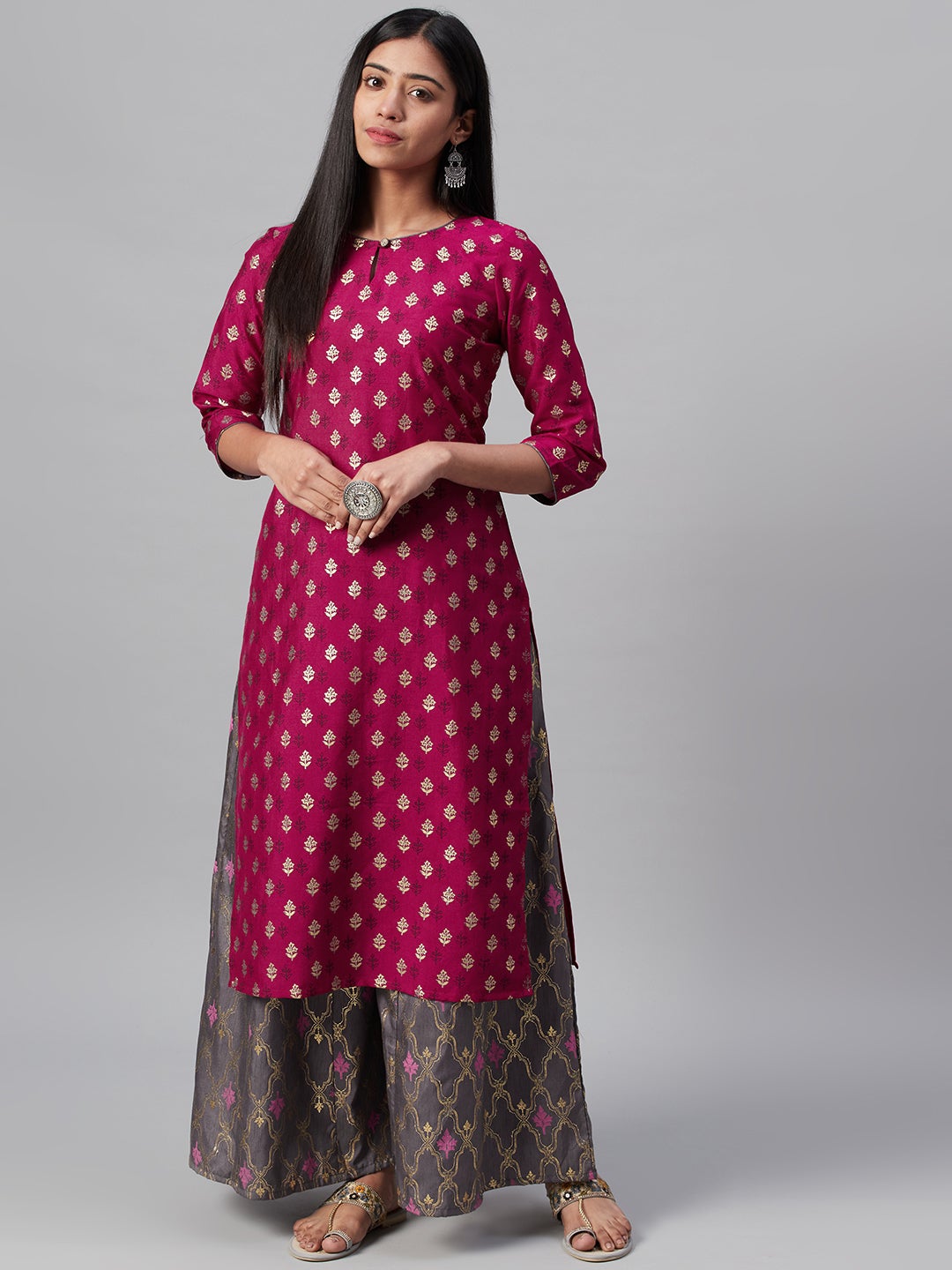 Mindhal Women's Pink Poly Silk Foil Printed Straight Kurta With Palazzo Set