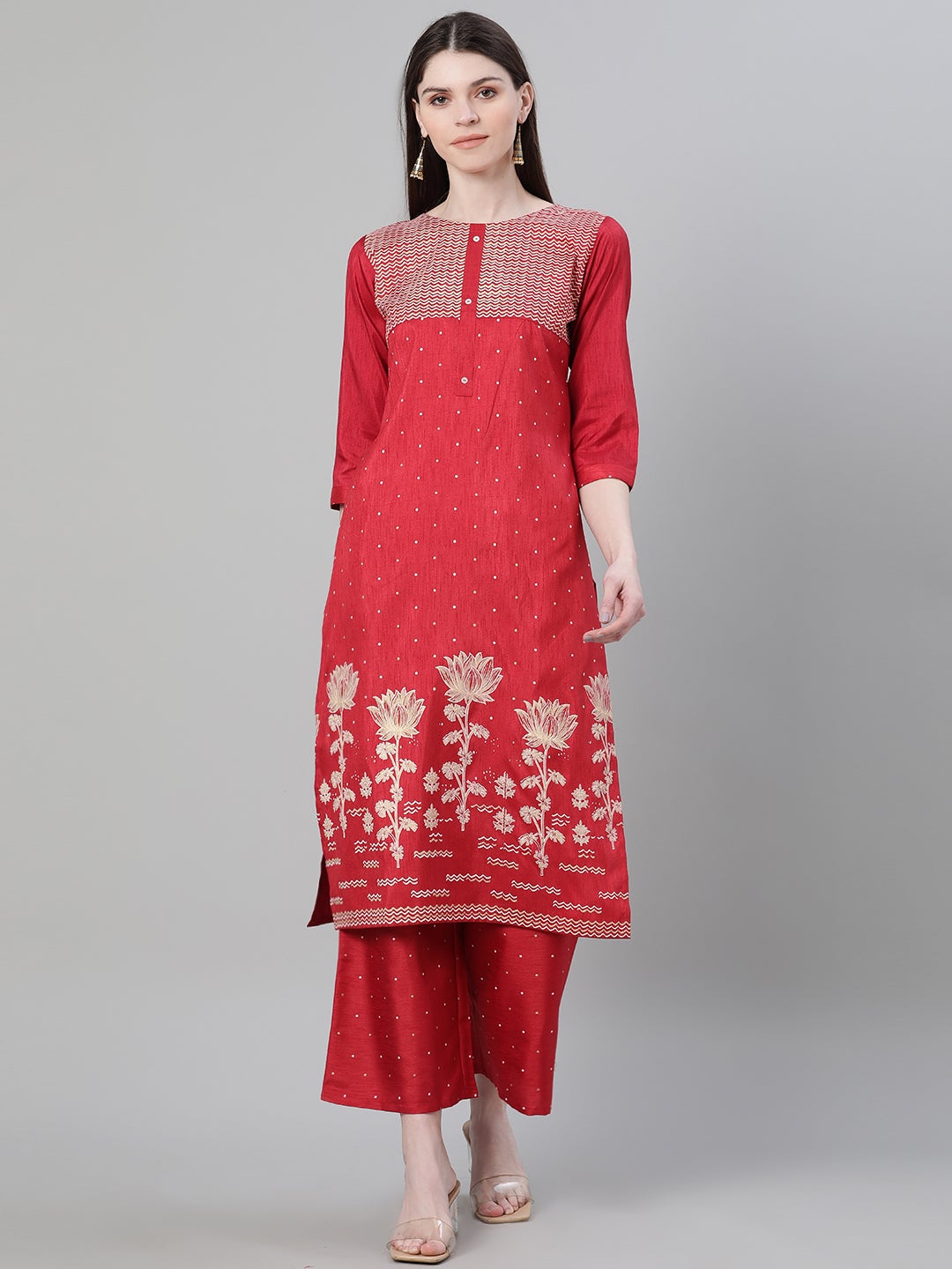 Mindhal Women's Red Color Foil Print Straight Kurta And Palazzo Set