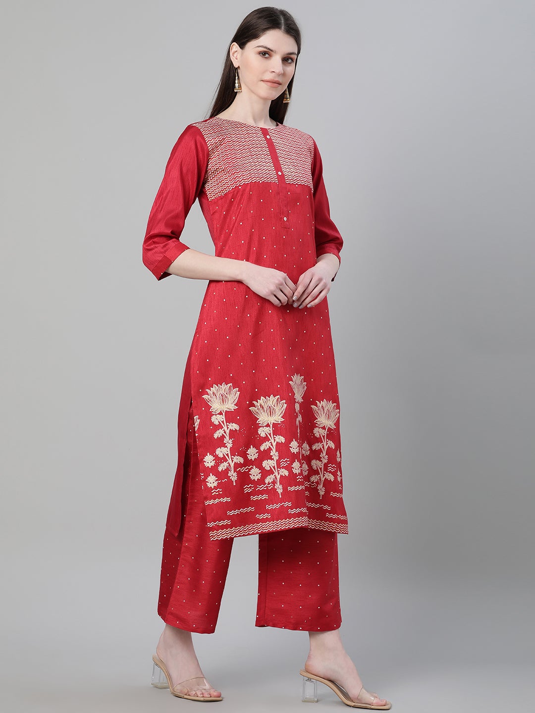 Mindhal Women's Red Color Foil Print Straight Kurta And Palazzo Set