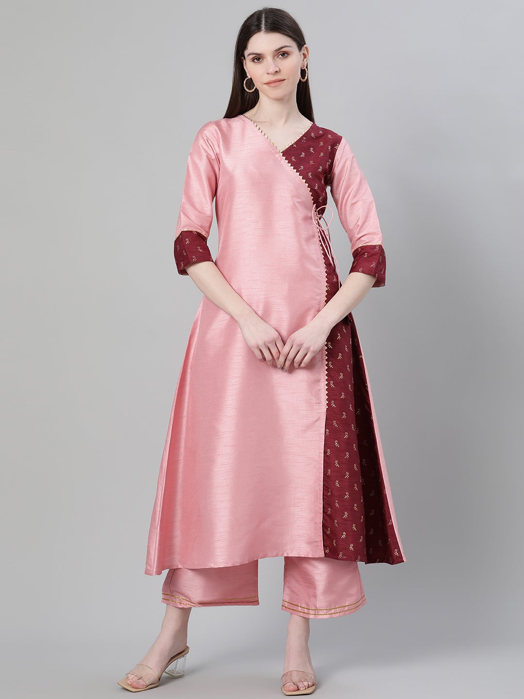 Mindhal Women's Pink Color Foil Print Flared Kurta And Palazzo Set