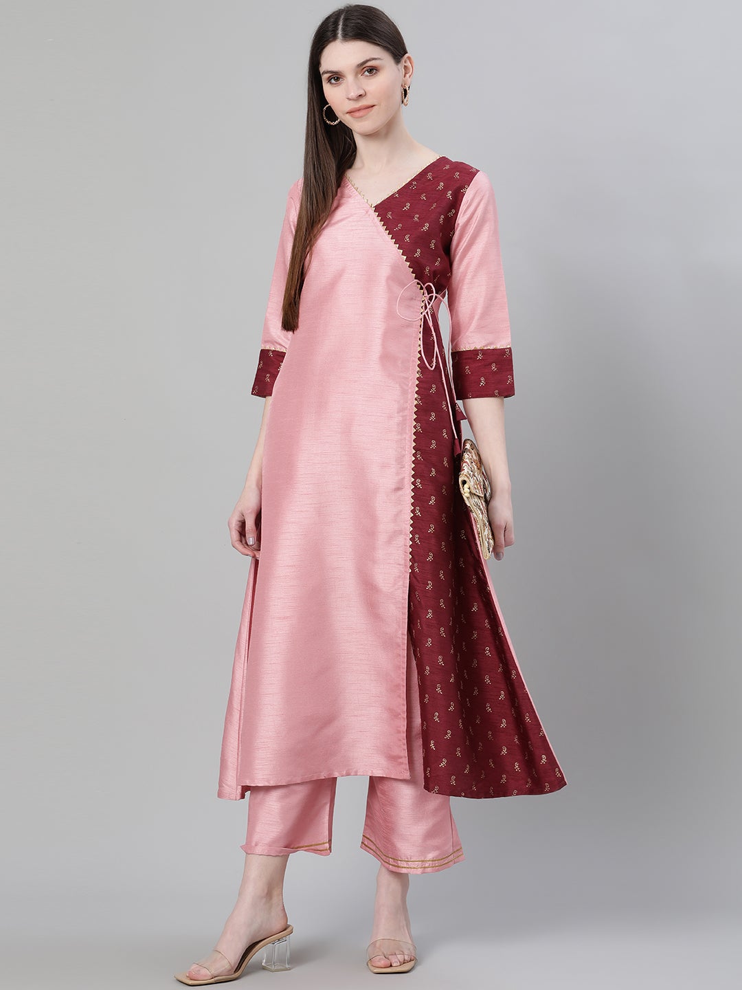 Mindhal Women's Pink Color Foil Print Flared Kurta And Palazzo Set
