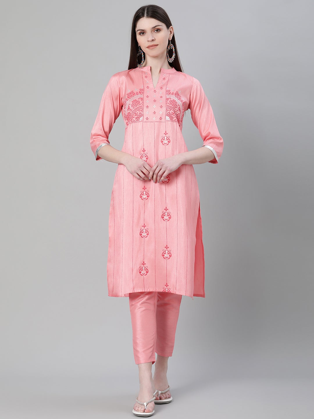 Mindhal Women's Pink Color Foil Print Straight Kurta And Pant Set