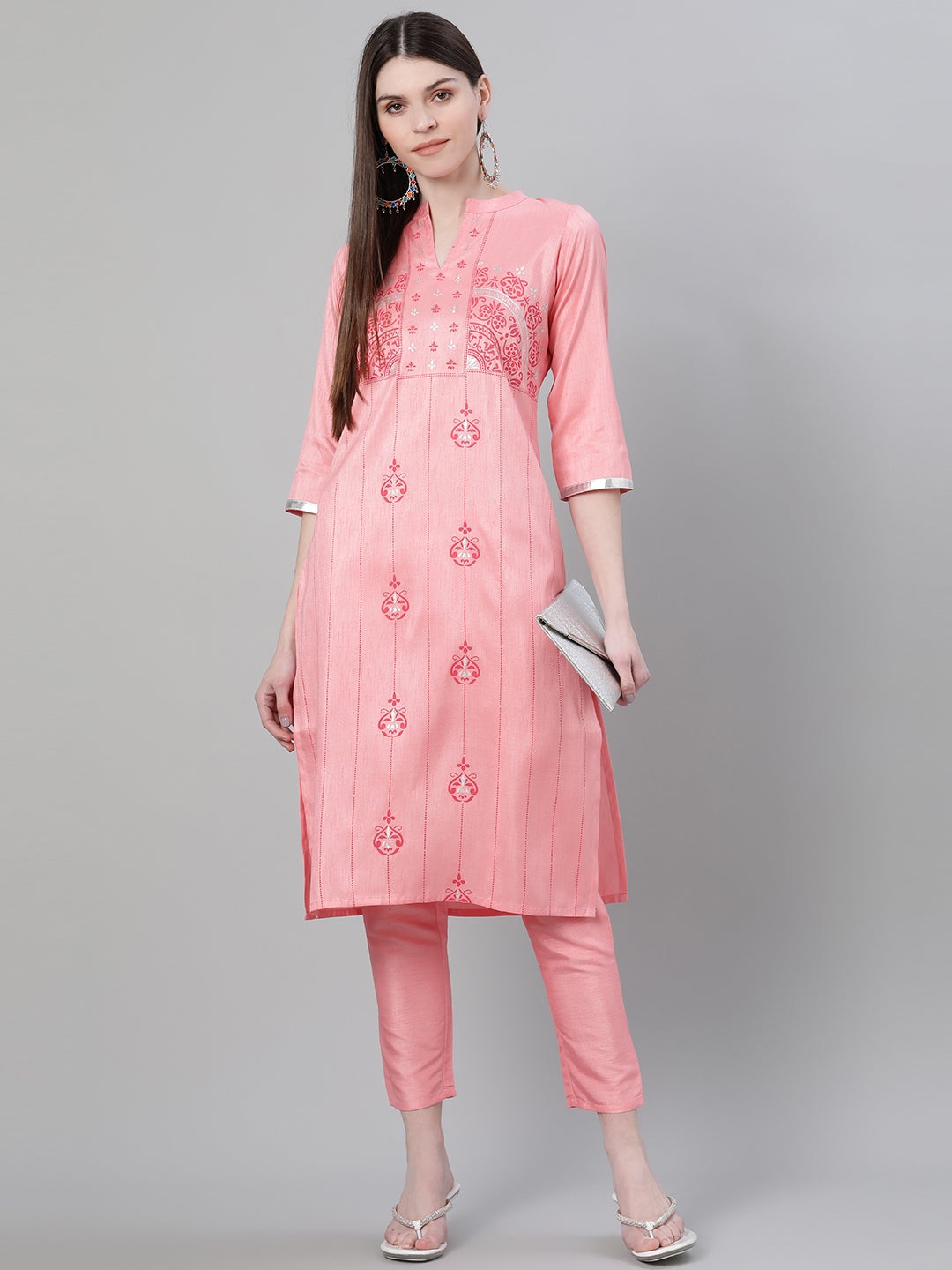 Mindhal Women's Pink Color Foil Print Straight Kurta And Pant Set
