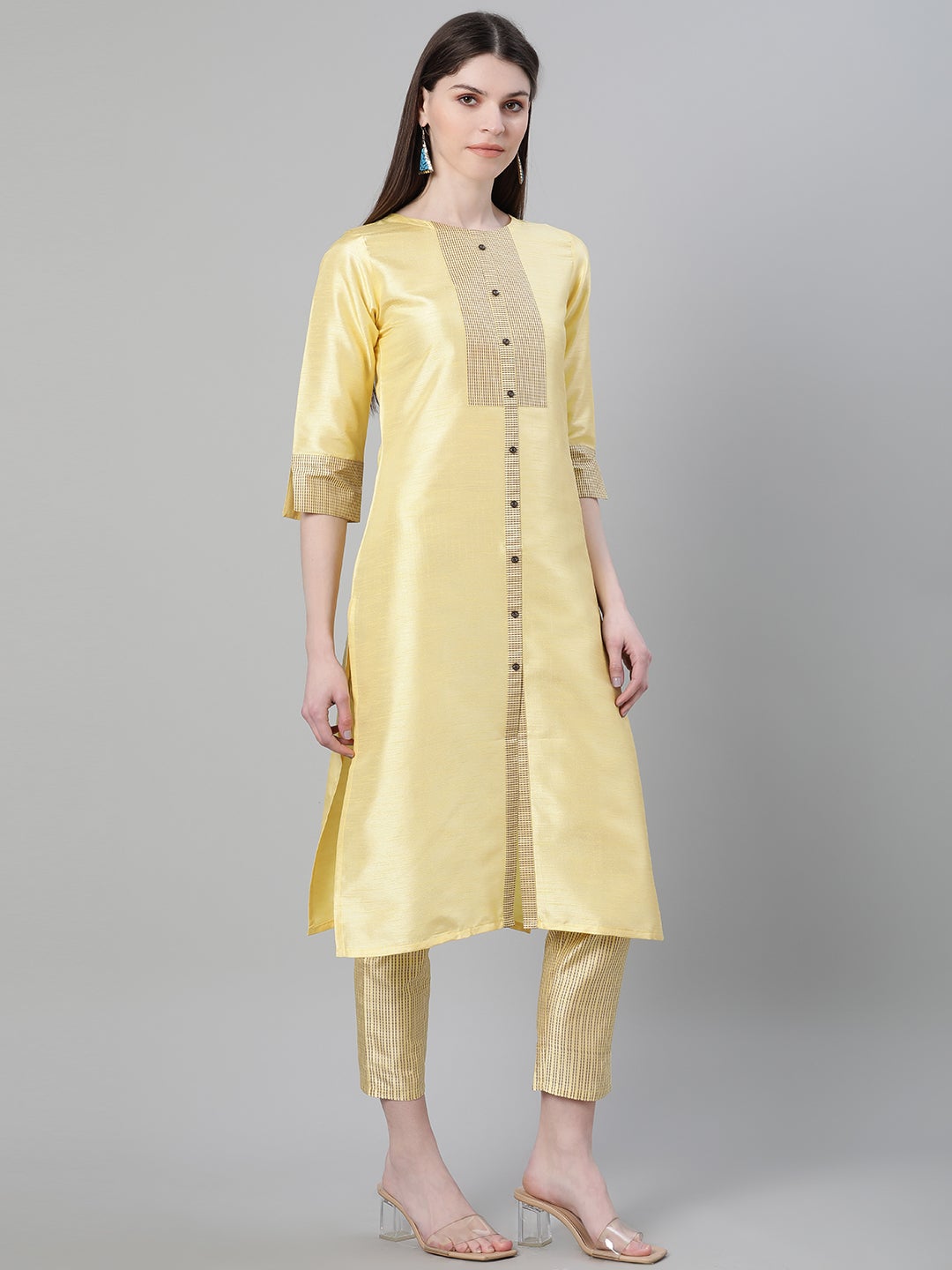Mindhal Women's Yellow Color Dyed Print Straight Kurta And Pant Set