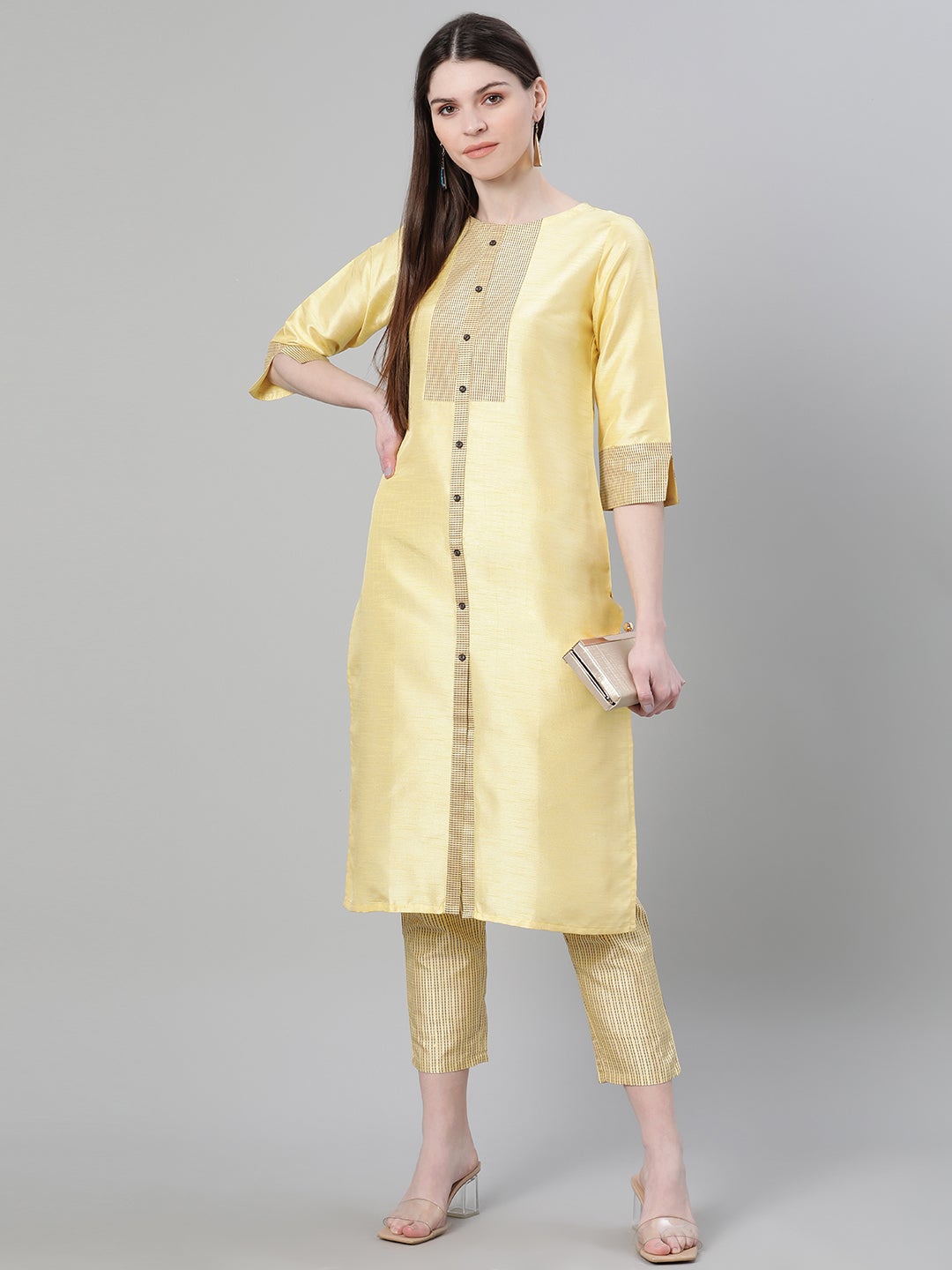 Mindhal Women's Yellow Color Dyed Print Straight Kurta And Pant Set
