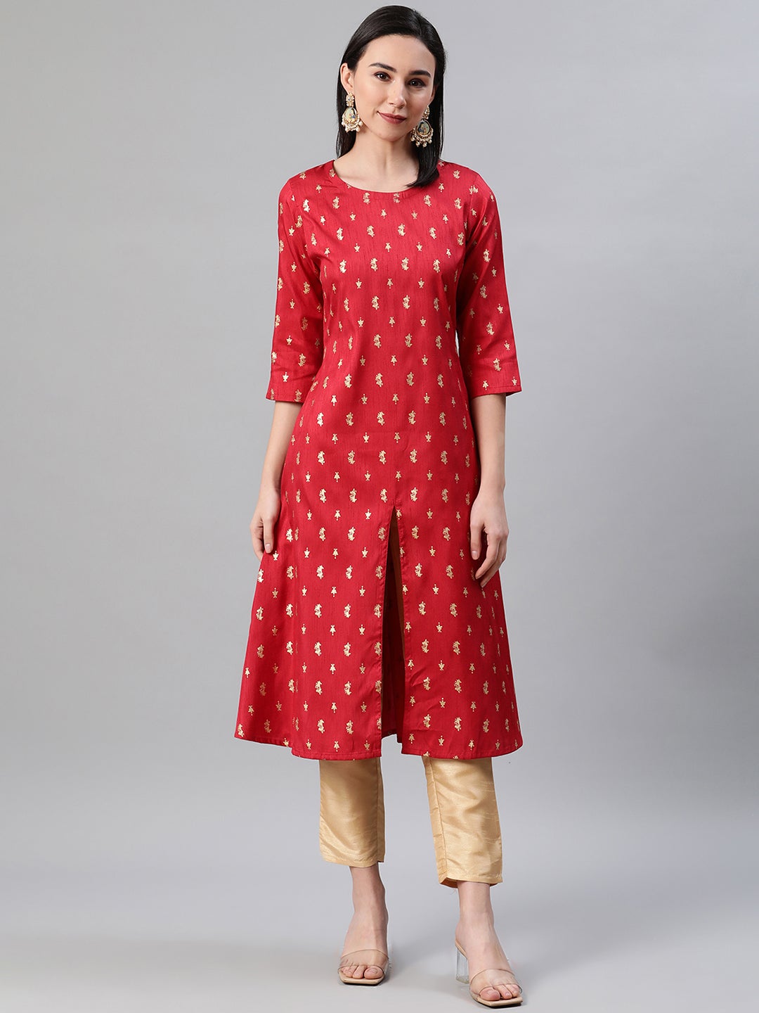 Mindhal Women's Red Color Foil Print Flared Kurta And Pant Set