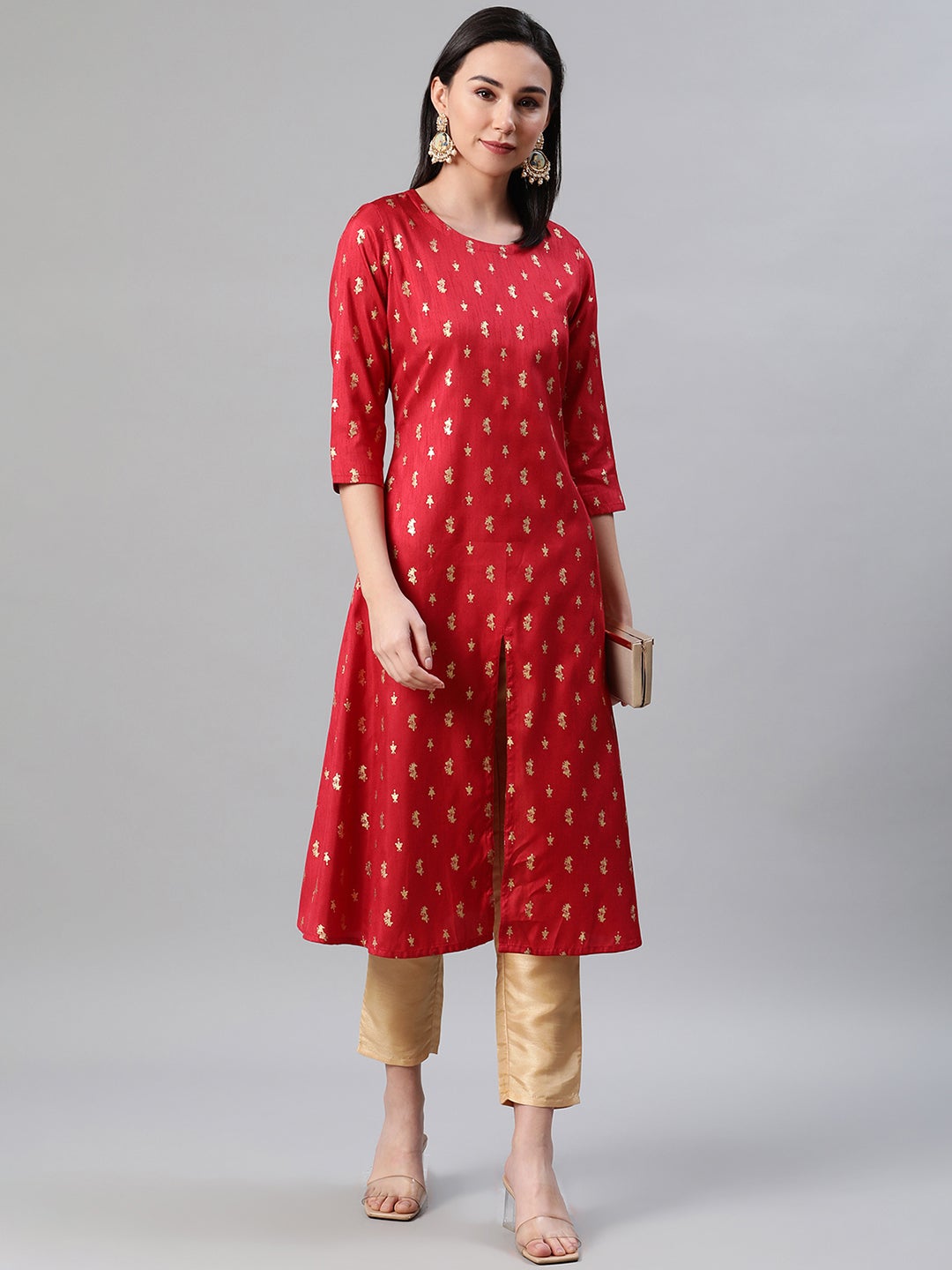 Mindhal Women's Red Color Foil Print Flared Kurta And Pant Set