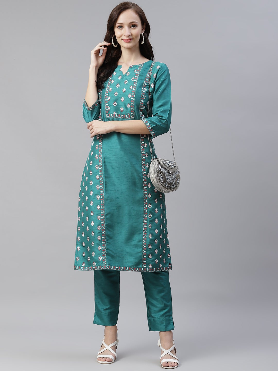 Mindhal Women's Green Color Foil Printed Straight Kurta And Pant Set
