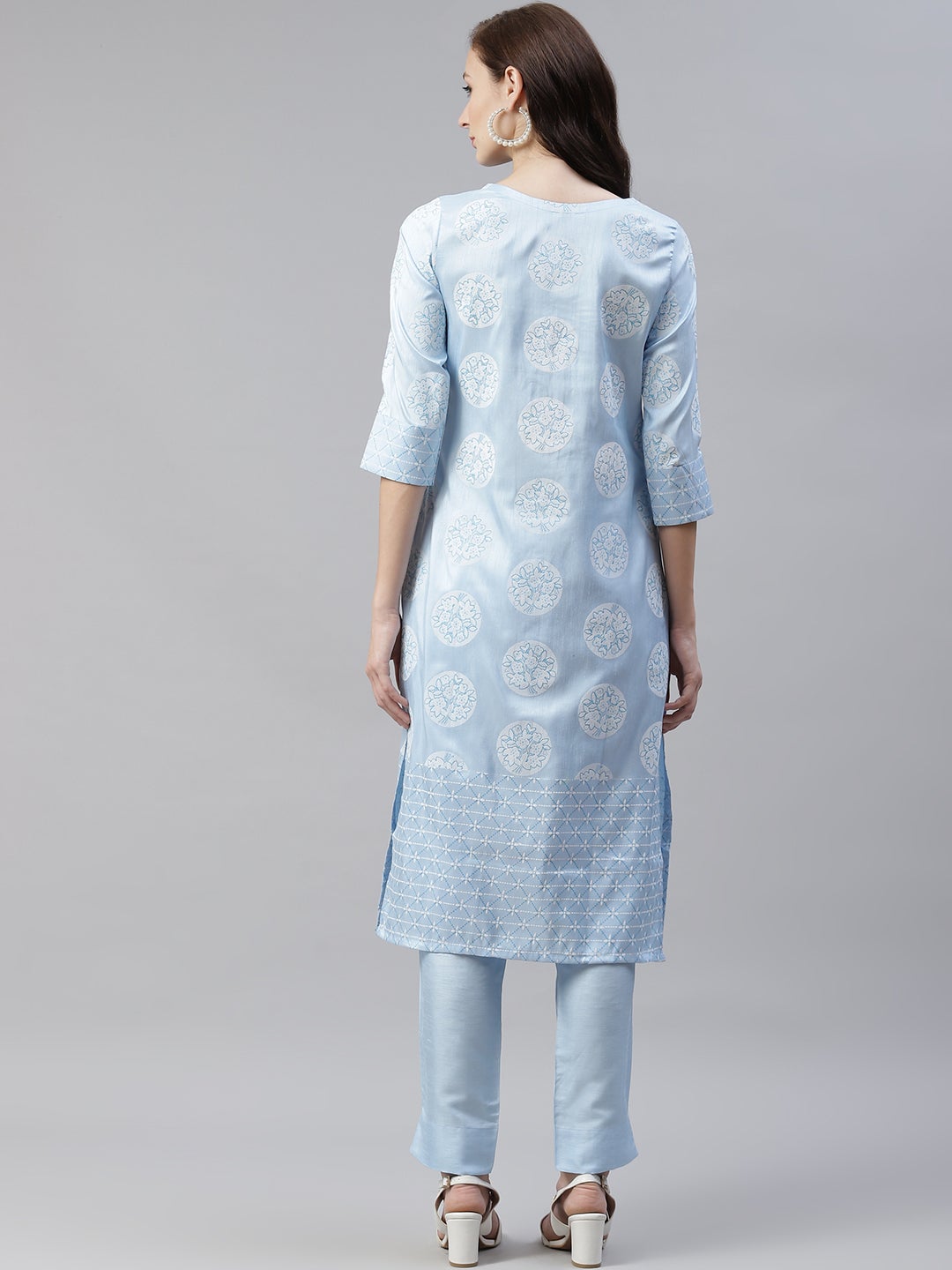 Mindhal Women's Sky Blue Color Khadi Printed Straight Kurta And Pant Set