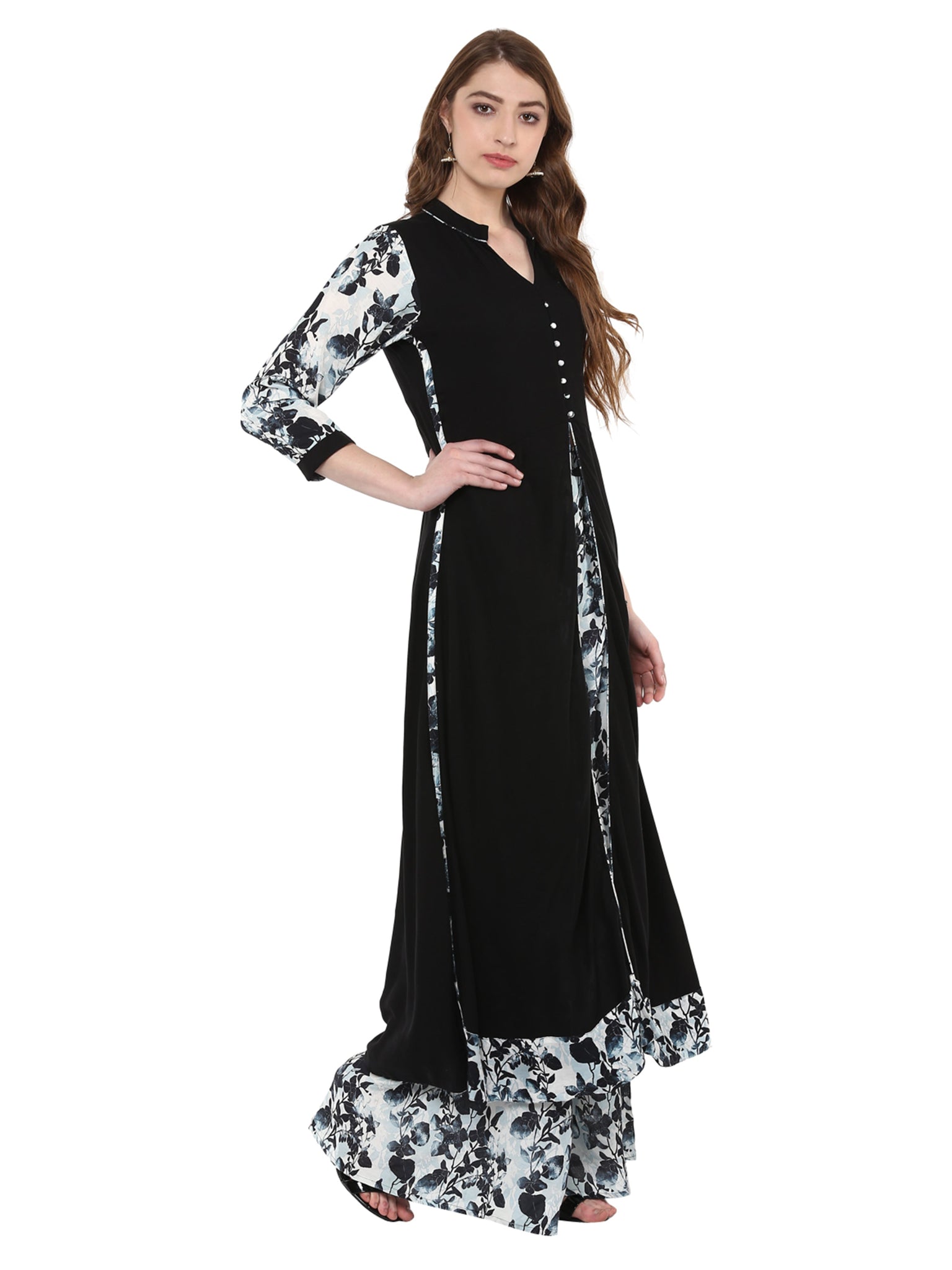 Mindhal Women's Black Colour 3/4Th Sleeve Rayon Flared Kurta with Palazzo