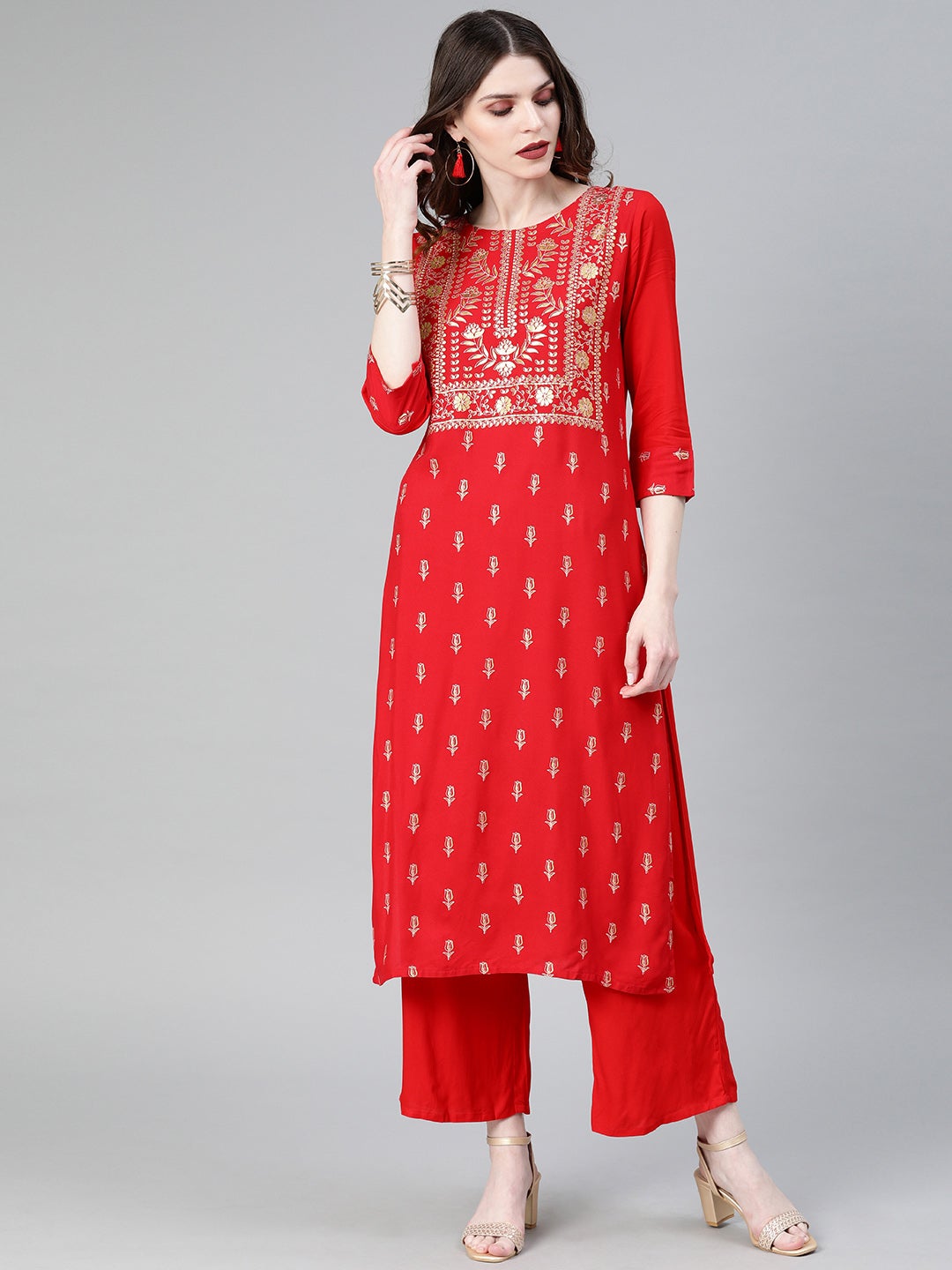 Mindhal Women's Red Colour Khadi Print Straight Rayon Kurta With Palazzo / Salwar Suit Set