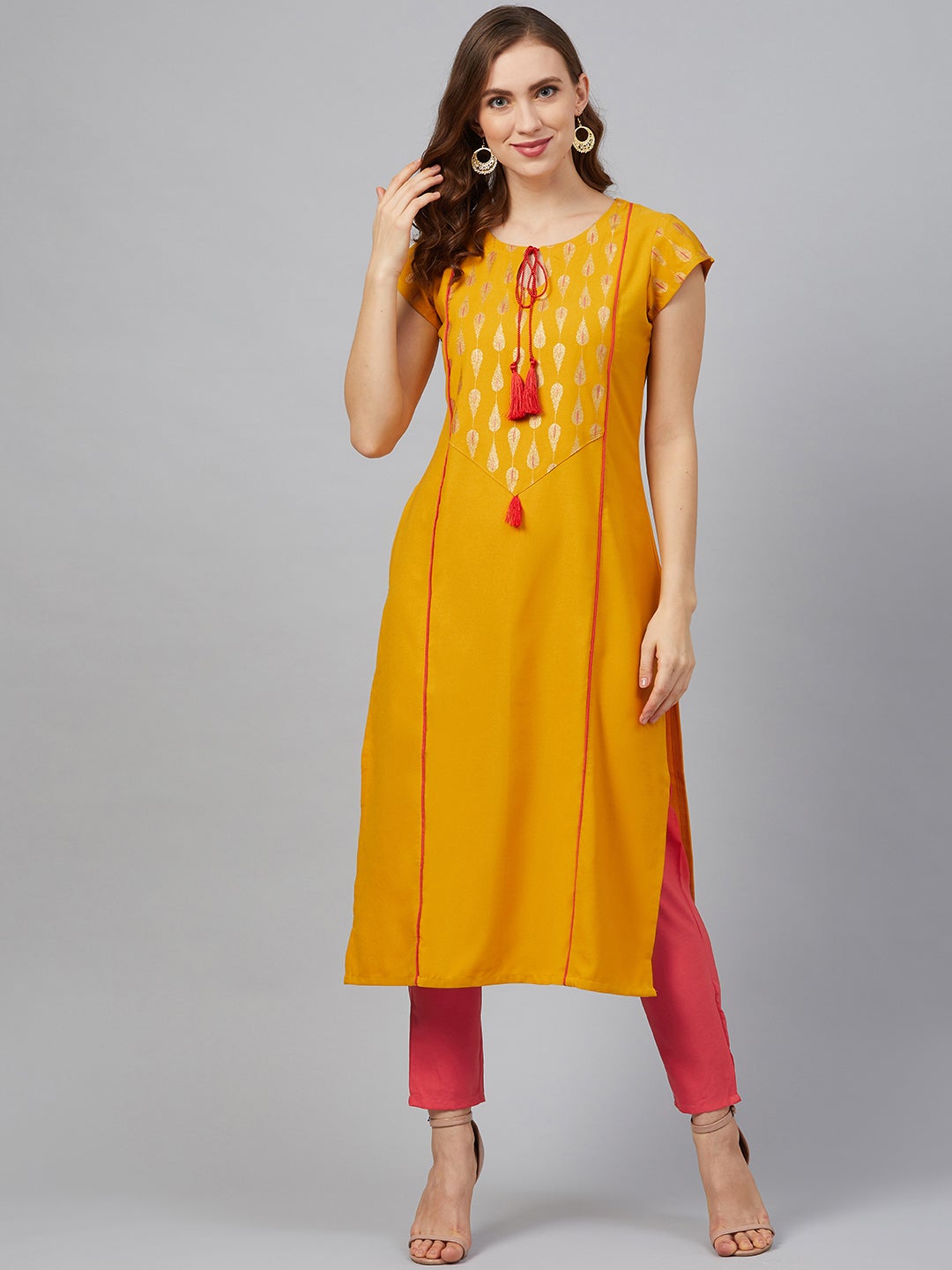 Mindhal Women's Mustard Poly Rayon Foil Printed Straight Kurta With Pant Set