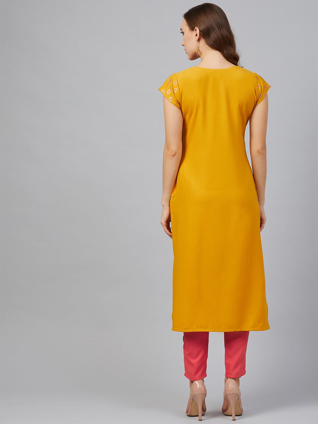Mindhal Women's Mustard Poly Rayon Foil Printed Straight Kurta With Pant Set