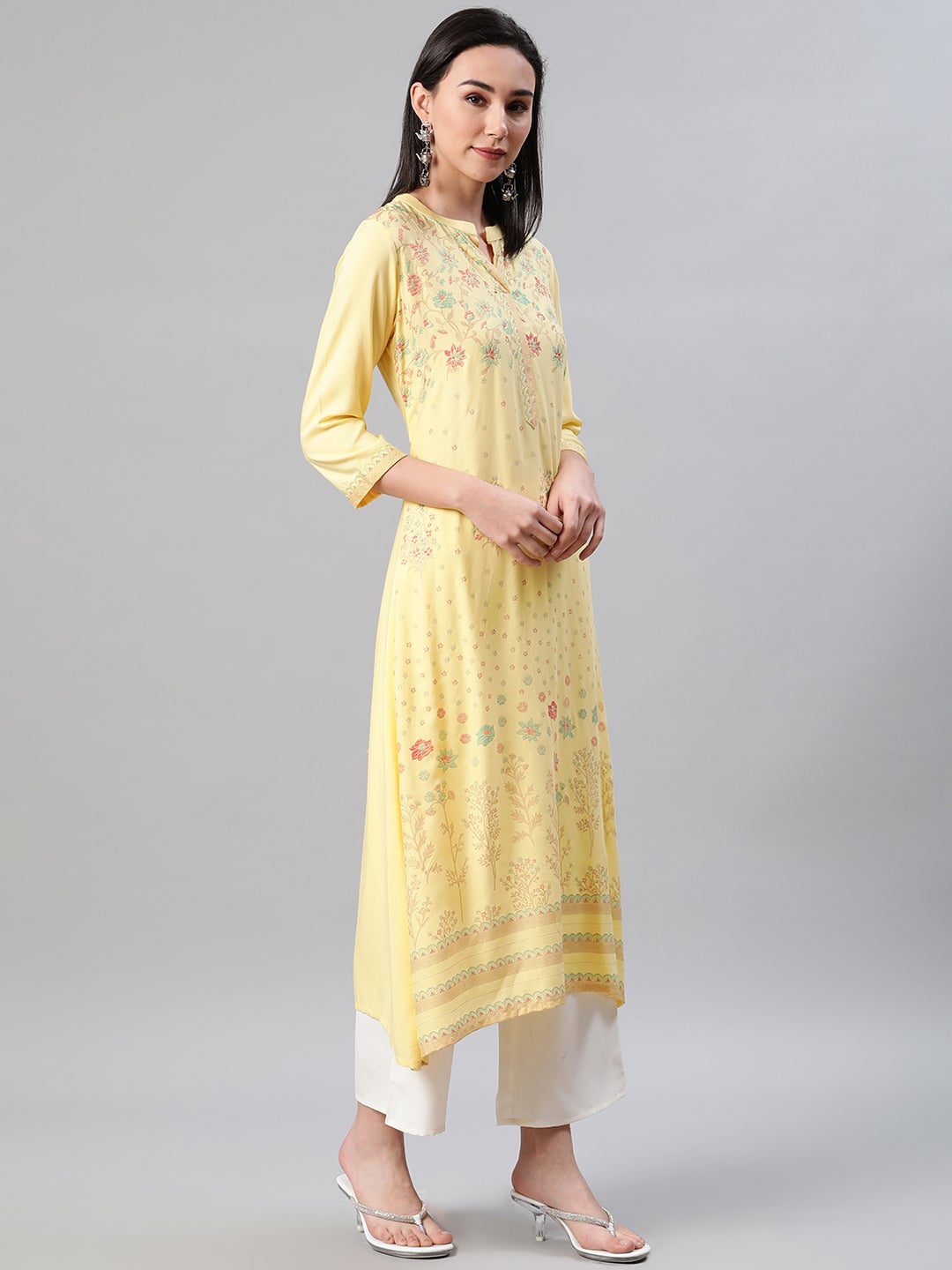Mindhal Women's Yellow Color Foil Print Flared Kurta And Palazzo Set