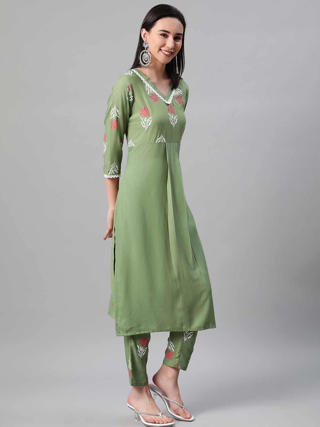 Mindhal Women's Green Color Khari Print Straight Kurta And Pant Set