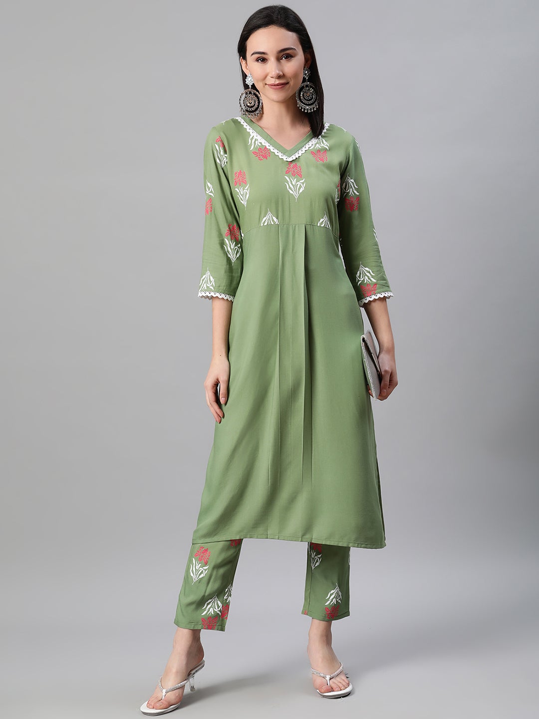 Mindhal Women's Green Color Khari Print Straight Kurta And Pant Set