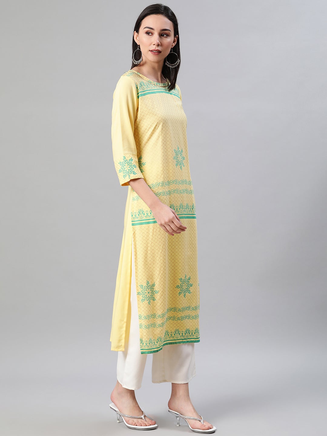 Mindhal Women's Yellow Color Khari Print Straight Kurta
