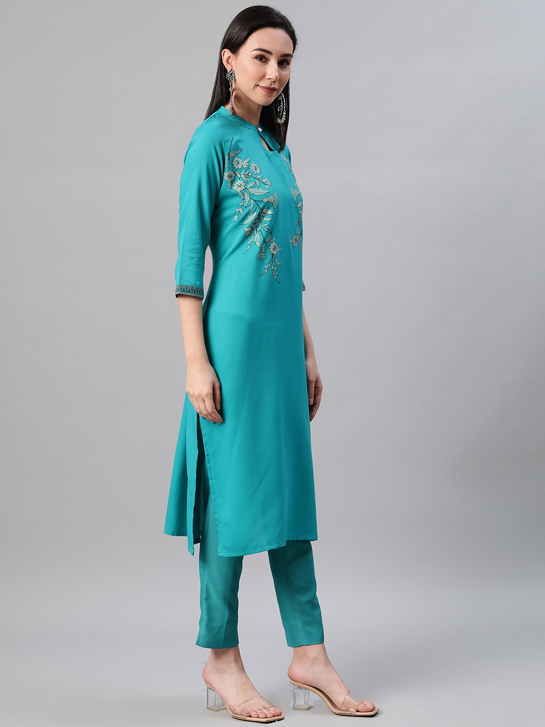 Mindhal Women's Turquoise Blue Color Foil Print Straight Kurta And Pant Set
