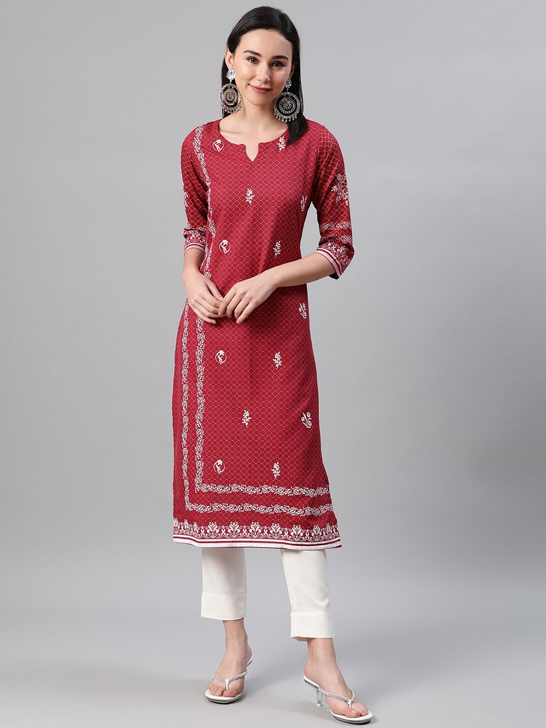 Mindhal Women's Red Color Foil Print Straight Kurta And Pant Set