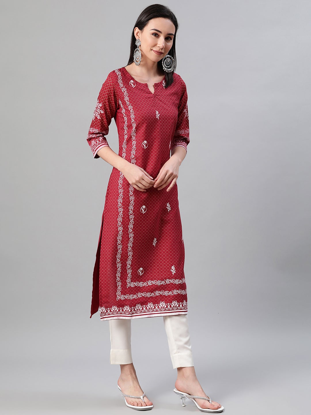 Mindhal Women's Red Color Foil Print Straight Kurta And Pant Set