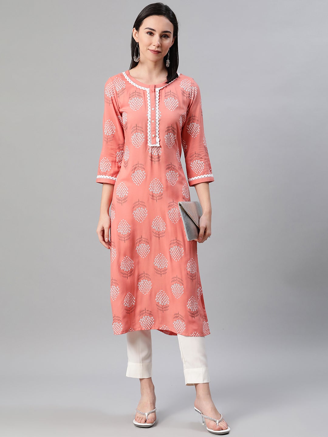 Mindhal Women's Peach Color Khari Print Straight Kurta And Pant Set