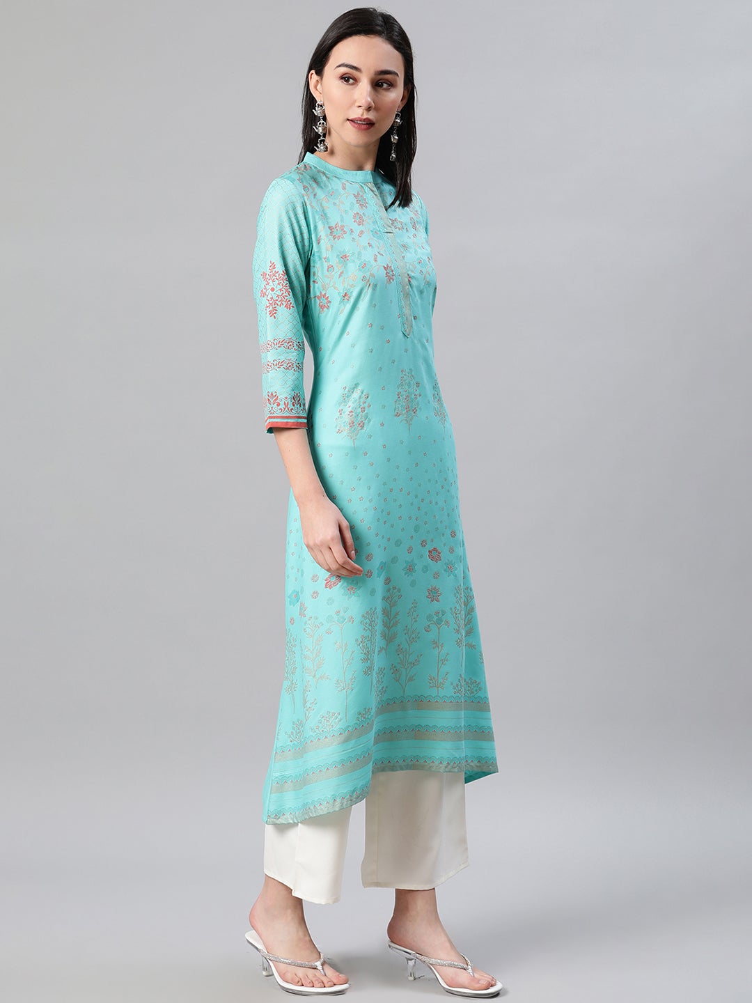 Mindhal Women's Blue Color Foil Print Flared Kurta And Palazzo Set