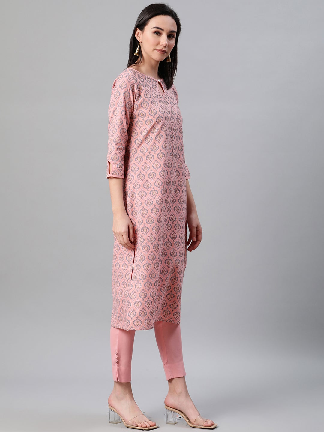 Mindhal Women's Peach Color Foil Print Straight Kurta And Pant Set