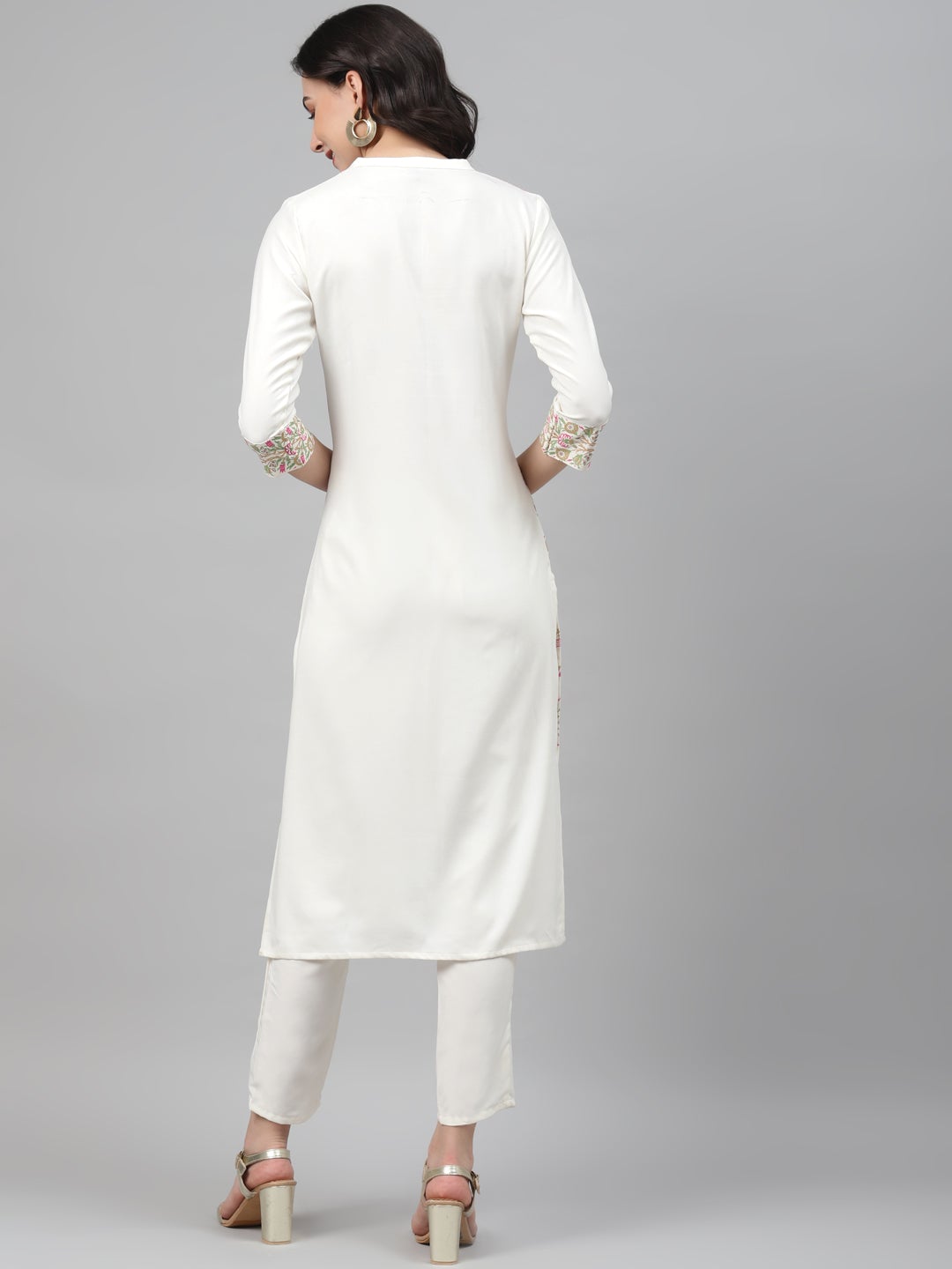Mindhal Women's Off White Color Foil Print Straight Kurta And Pant Set