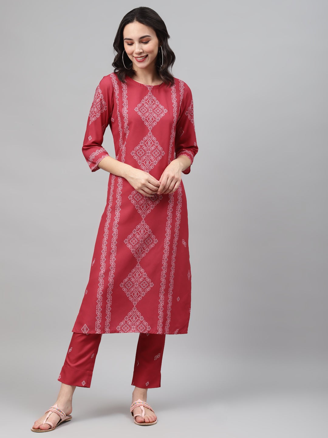 Mindhal Women's Red Color Screen Print Straight Kurta And Pant Set