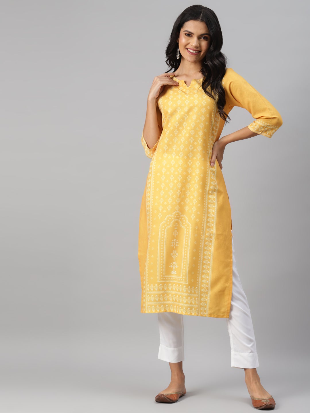 Mindhal Women's Yellow Color Screen Print Straight Kurta And Pant Set