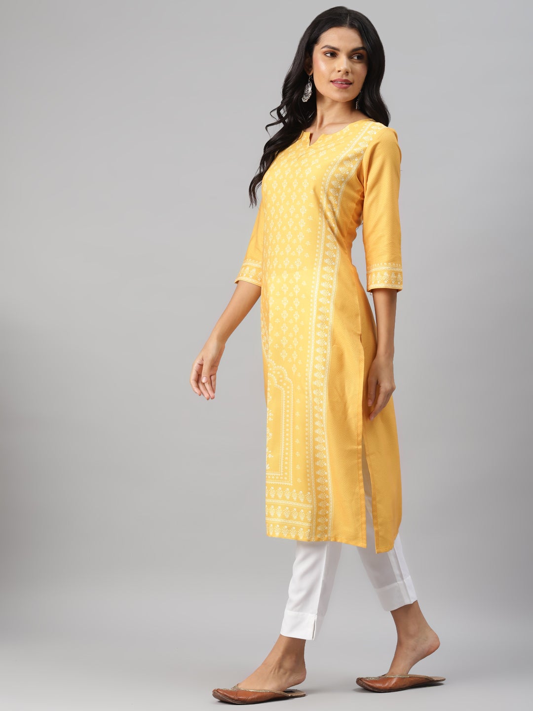Mindhal Women's Yellow Color Screen Print Straight Kurta And Pant Set